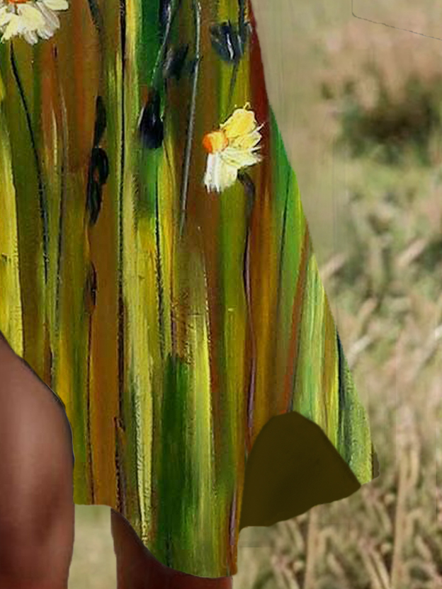 Femmes Floral Vert Col Rond Confortable Robe Mi-Longue Décontracté