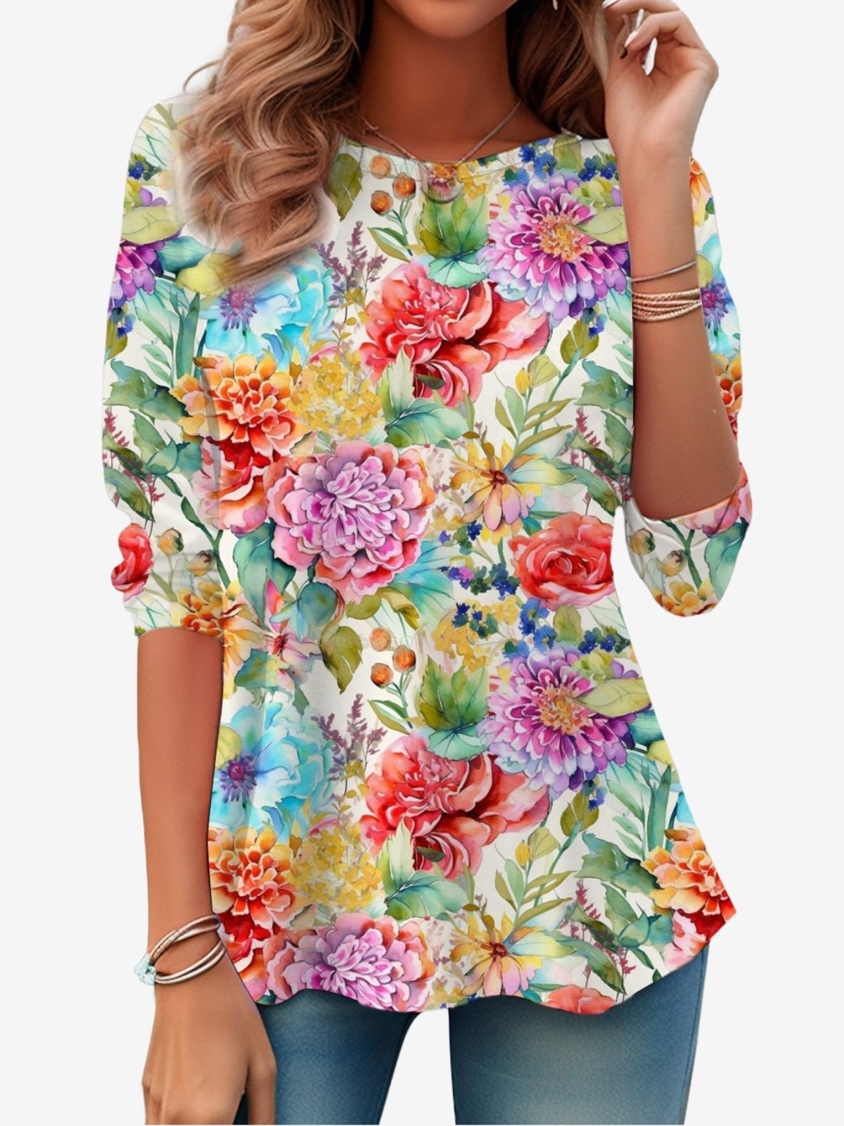 T-shirts Femmes Décontracté Floral Printemps / Automne Quotidien Ample Manches Longues Régulier Régulier Non