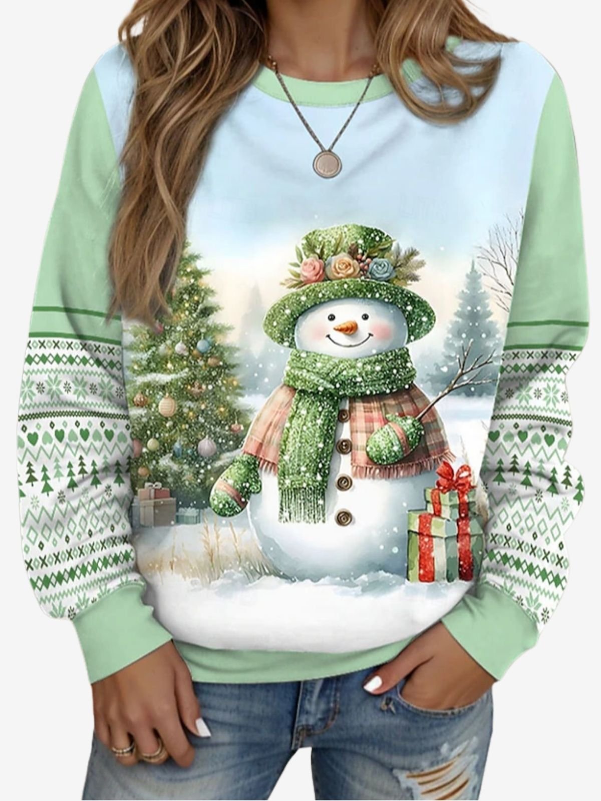Sweat-shirts Femmes Décontracté Printemps / Automne Bonhomme de Neige de Noël Polyester Naturel Aucune élasticité Ample Manches Longues Col Rond