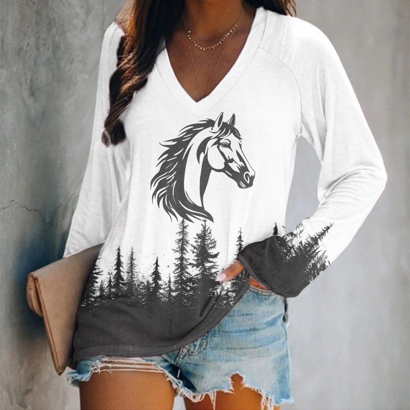 T-shirts Rétro Imprimé d'Animal Printemps / Automne Polyester Micro-élasticité Quotidien Coupe Régulière Manches Longues Régulier pour Femmes