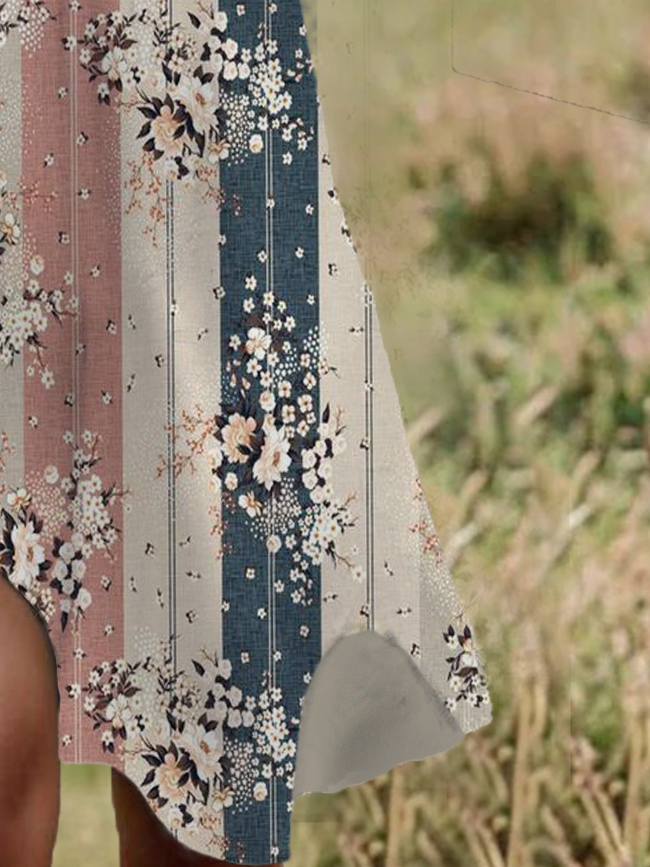 Femmes Floral Abricot Col Rond Confortable Robe Mi-Longue Décontracté