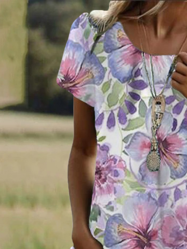 Femmes Floral Rose Col Rond Confortable Robe Mi-Longue Décontracté