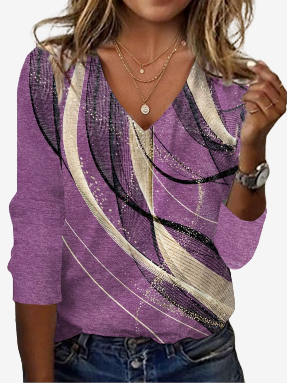 T-shirts Géométrique Décontracté Printemps / Automne Aucune élasticité Jersey Manches Longues Régulier Vacances T.-N.-L. pour Femmes