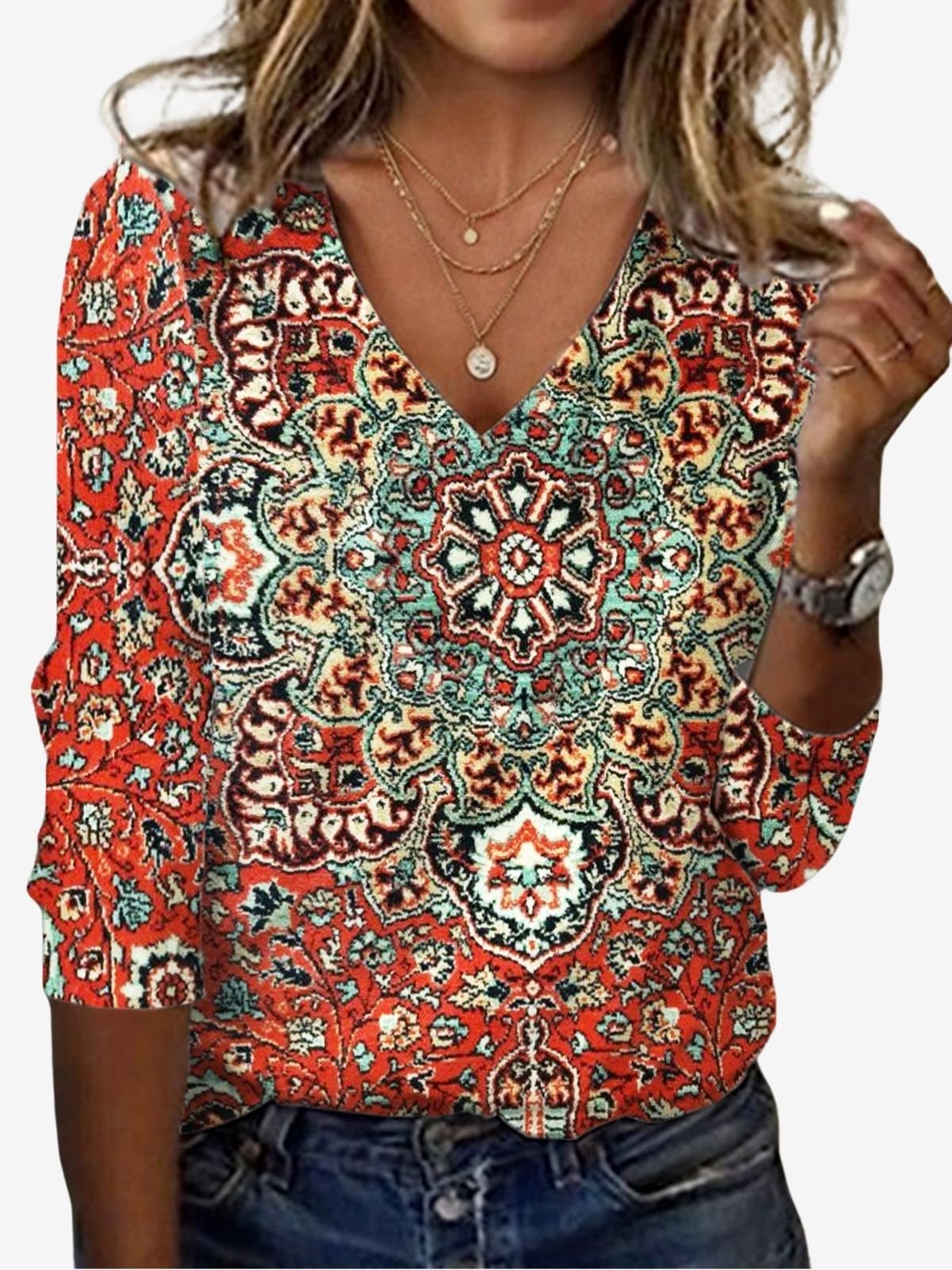 T-shirts Décontracté Ethnique Printemps / Automne Aucune élasticité Coupe Régulière Manches Longues Régulier Droit T.-N.-L. pour Femmes