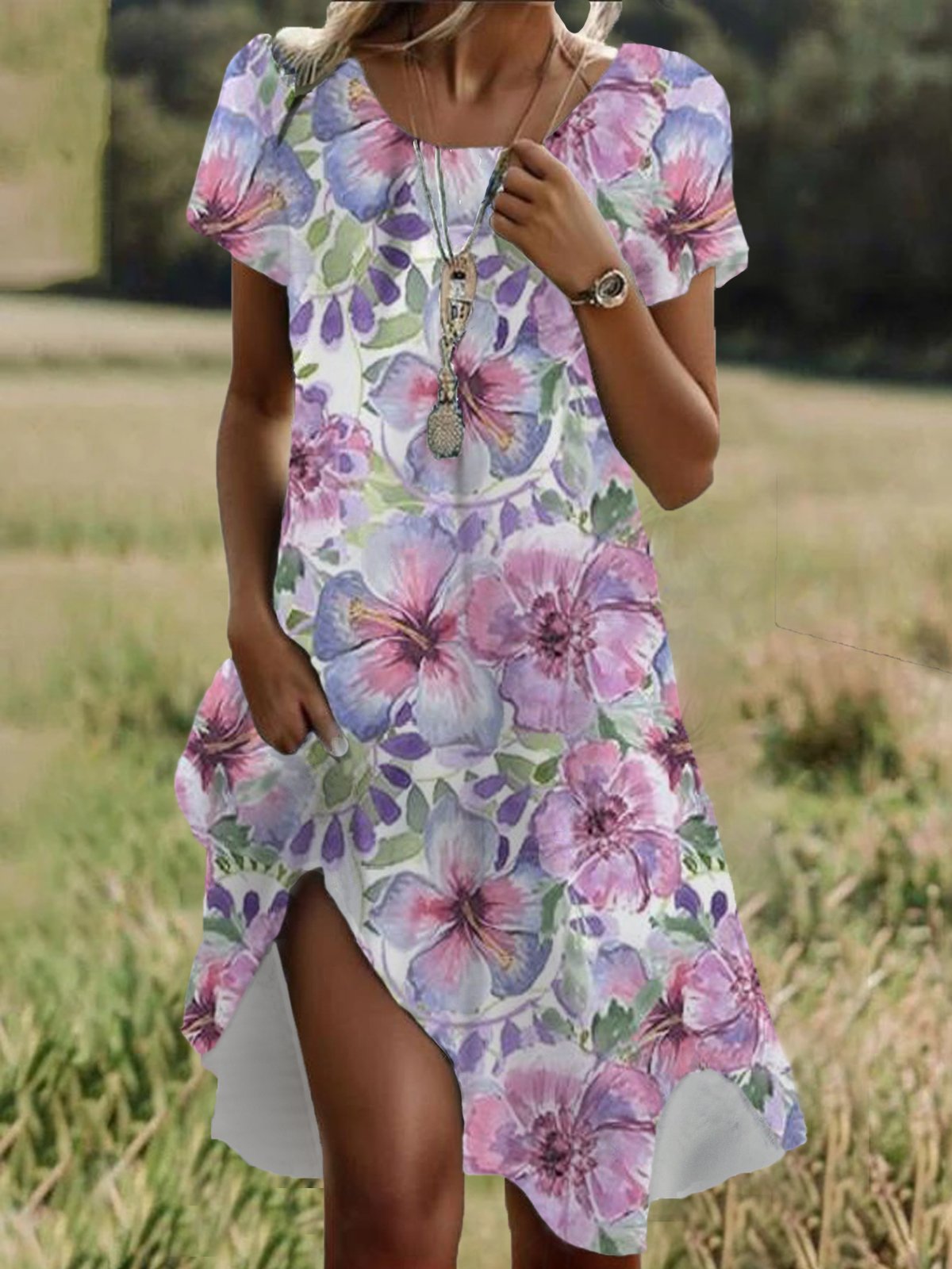 Femmes Floral Rose Col Rond Confortable Robe Mi-Longue Décontracté