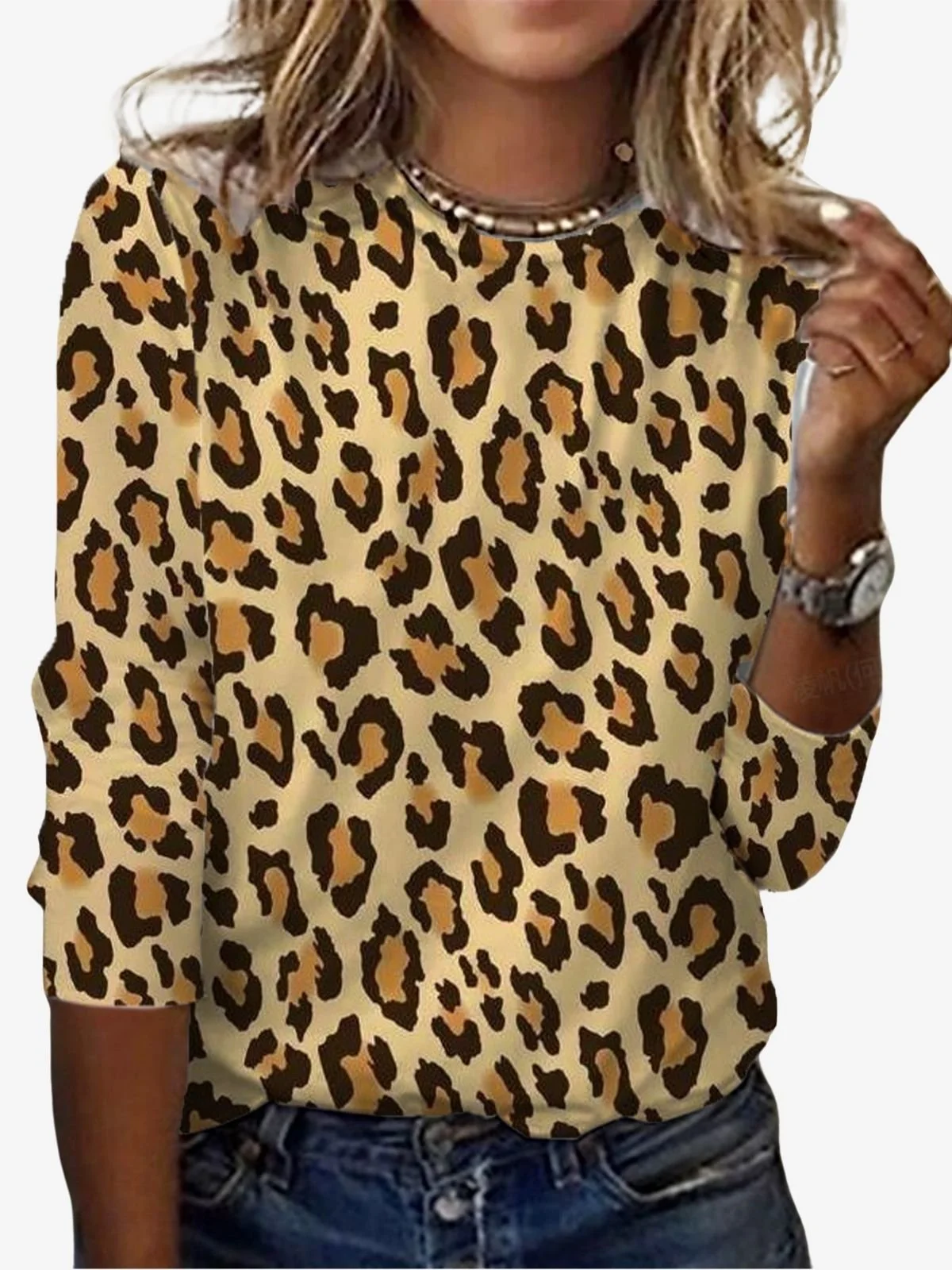 T-shirts Femmes Décontracté Printemps / Automne Motif Léopard Micro-élasticité Quotidien Jersey Manches Longues Régulier Régulier