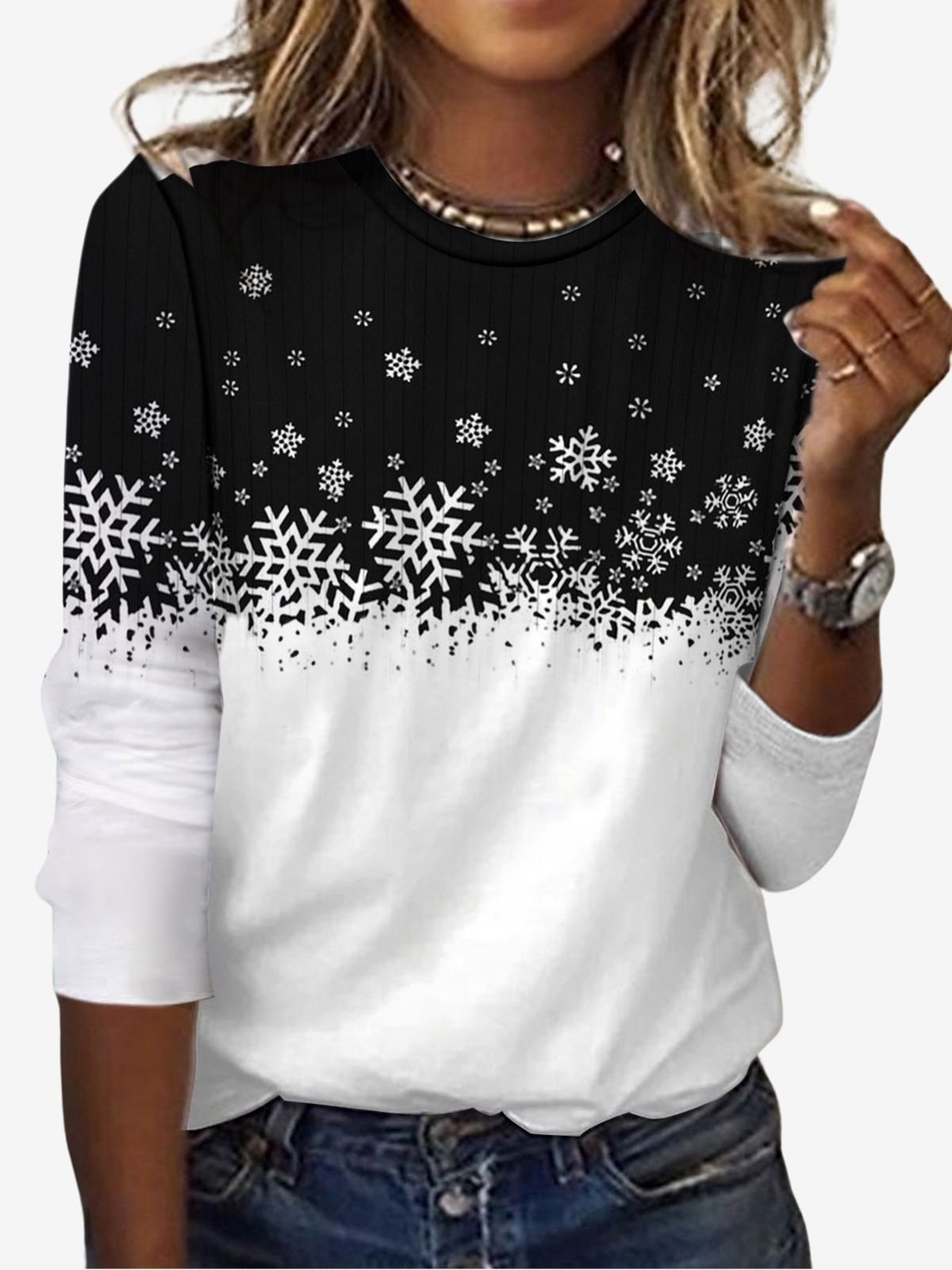 T-shirts Décontracté Printemps / Automne Flocon de Neige Micro-élasticité Ample Jersey Manches Longues Régulier Régulier pour Femmes