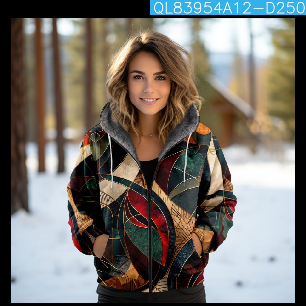 Sweat-shirt à Capuche Manches Longues Épaissi Géométrique Blouson pour Femmes