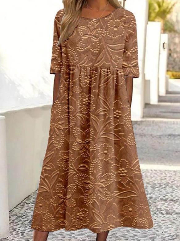Femmes impression en 3D Brun Col Rond Confortable Robe Maxi Rétro