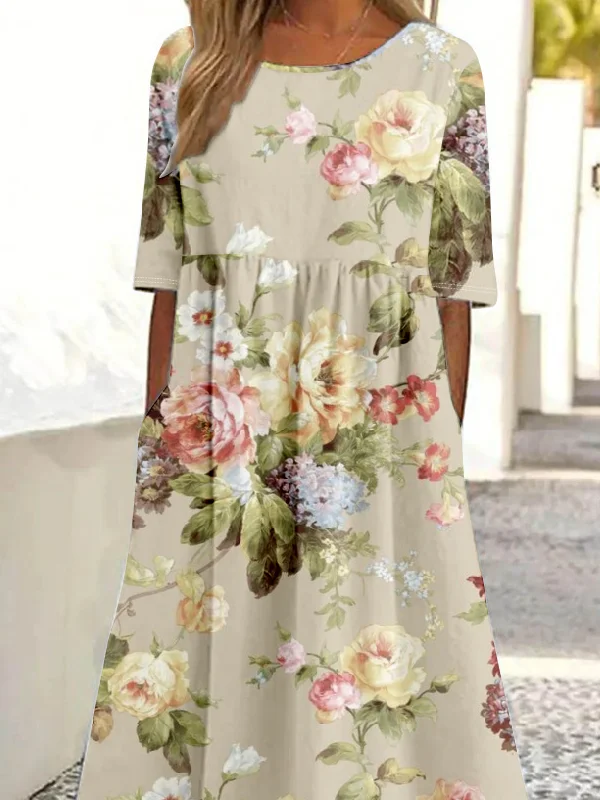 Femmes impression en 3D Kaki Clair Col Rond Confortable Robe Maxi Rétro
