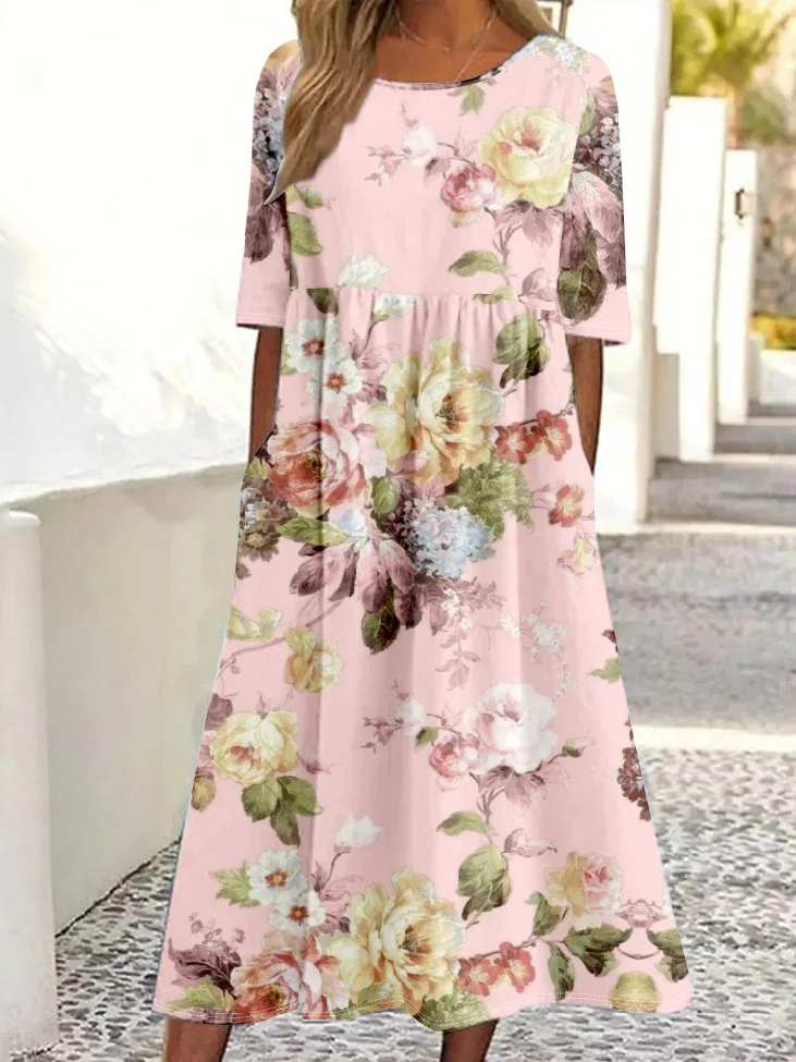 Femmes impression en 3D Kaki Clair Col Rond Confortable Robe Maxi Rétro