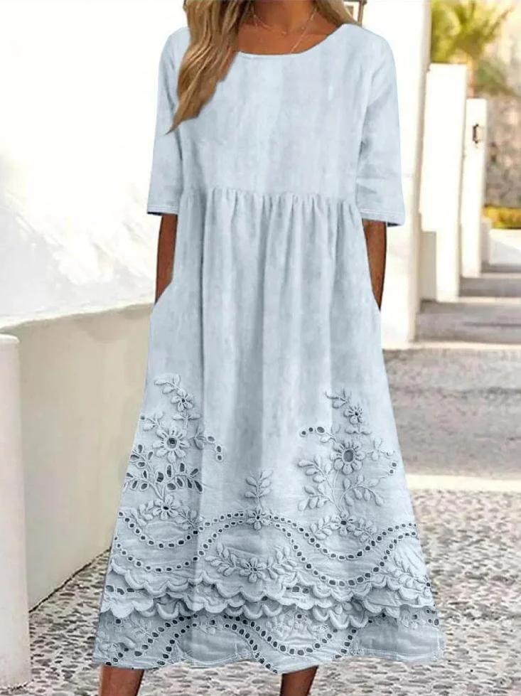 Femmes impression en 3D Blanc Col Rond Confortable Robe Maxi Rétro