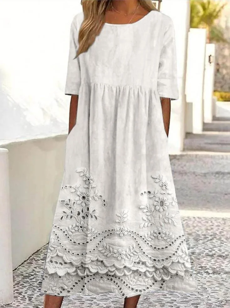Femmes impression en 3D Blanc Col Rond Confortable Robe Maxi Rétro