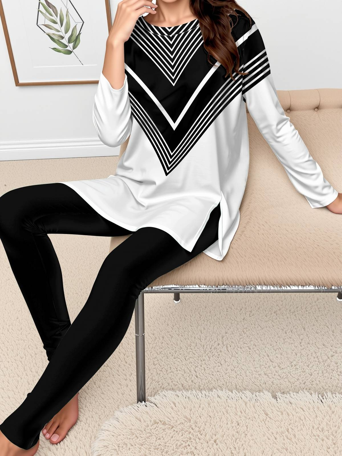Deux Pièces Ensembles Géométrique Décontracté Printemps / Automne Naturel Aucune élasticité Jersey Manches Longues Top Avec Pantalons Régulier pour Femmes