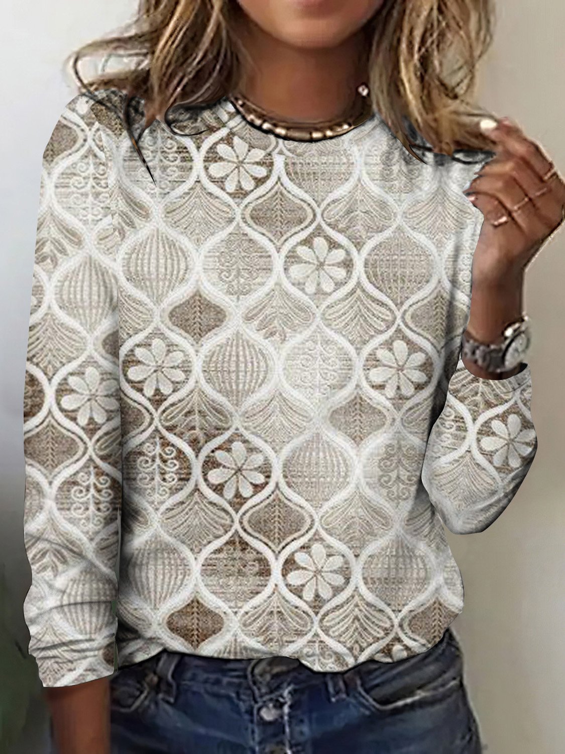 T-shirts Rétro Printemps / Automne Plaid Coton Quotidien Manches Longues Col Rond Régulier Régulier pour Femmes