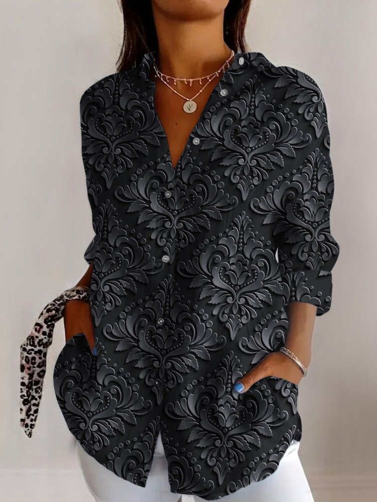 Chemises Géométrique Décontracté Printemps / Automne Polyester Micro-élasticité Manches Longues Régulier Trapèze Col de Chemise pour Femmes