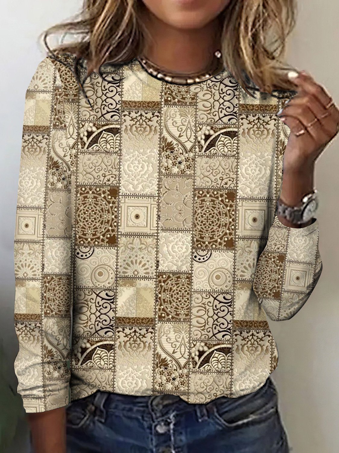 T-shirts Rétro Printemps / Automne Plaid Coton Quotidien Manches Longues Col Rond Régulier Régulier pour Femmes