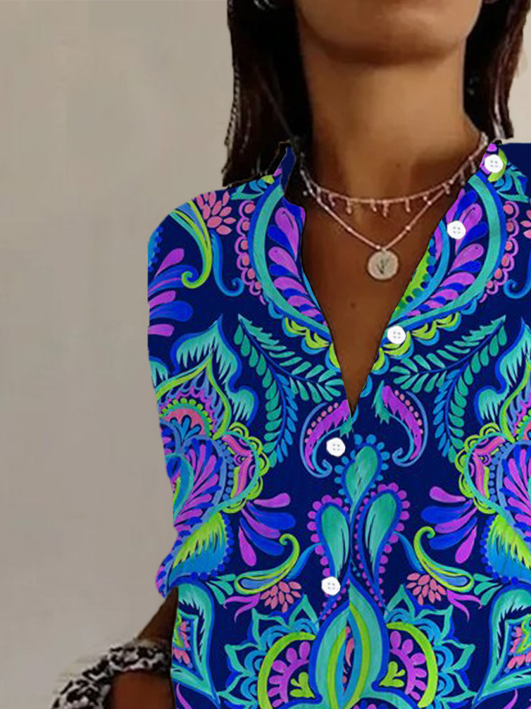 Chemises Femmes Décontracté Ethnique Printemps / Automne Polyester Aucune élasticité Manches Longues Régulier Col de Chemise T.-N.-L.