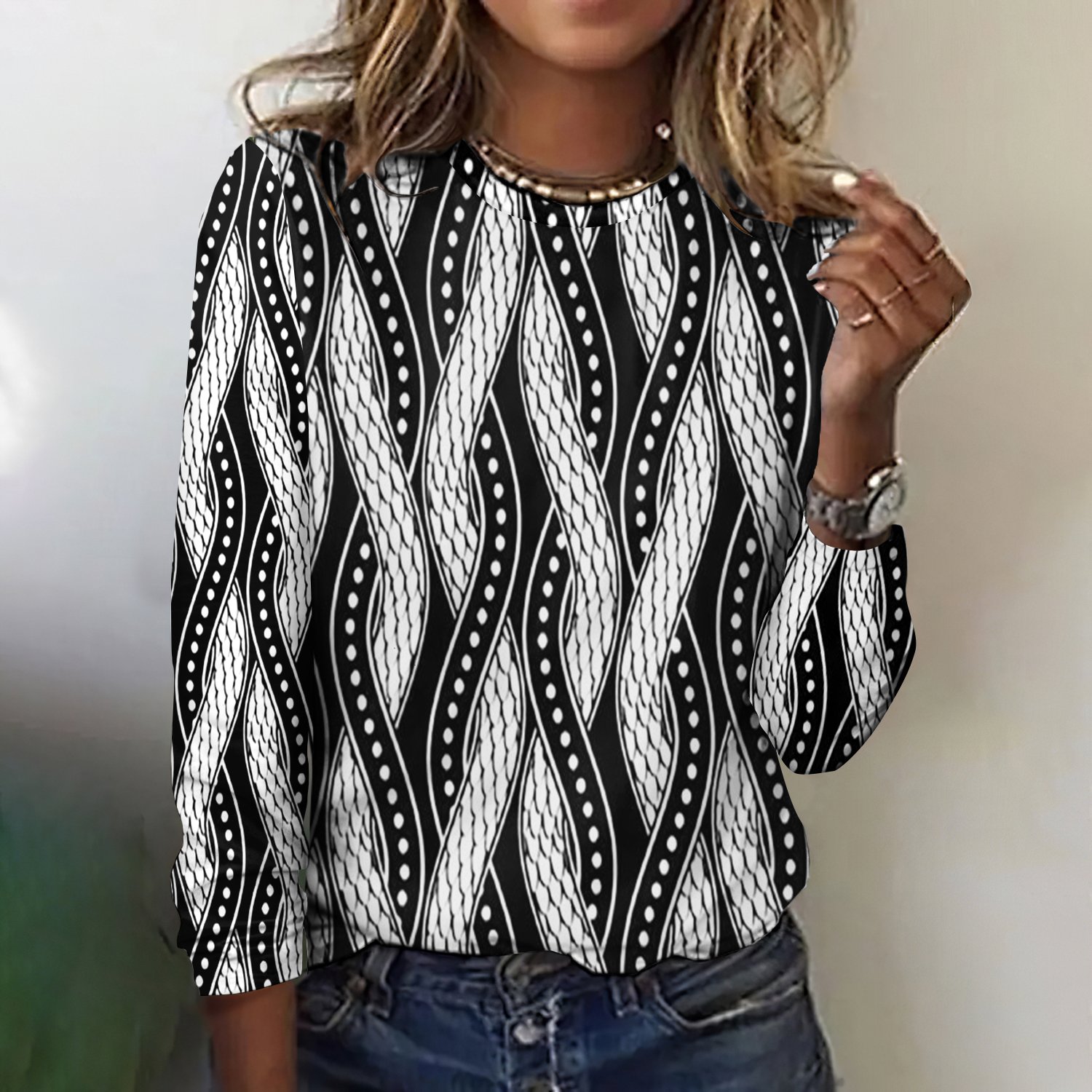 T-shirts Femmes Décontracté Printemps / Automne Plaid Micro-élasticité Quotidien Manches Longues Régulier Trapèze Régulier