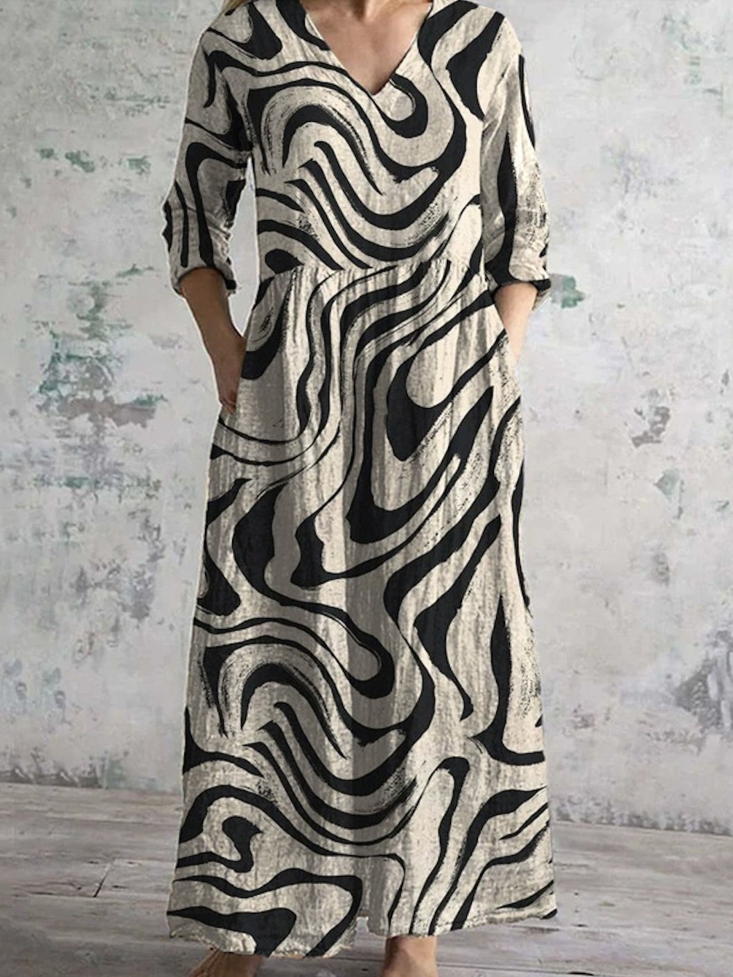 Femmes Floral Kaki Col V Confortable Robe Maxi Rétro