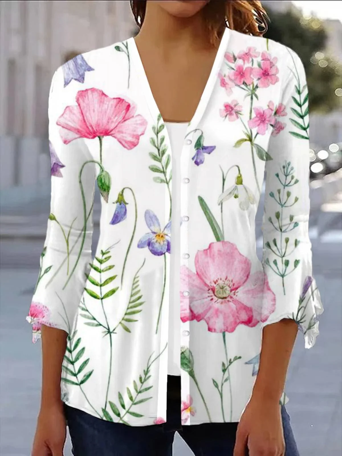 Élasticité moyenne Col V Manches trois quarts Régulier Floral Kimono pour Femmes