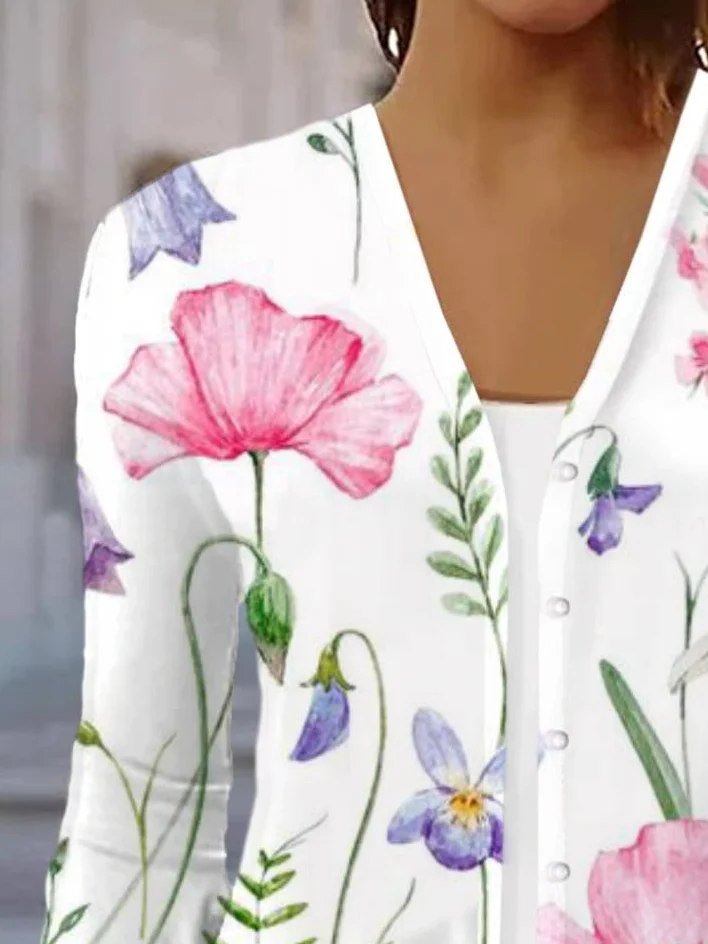 Élasticité moyenne Col V Manches trois quarts Régulier Floral Kimono pour Femmes