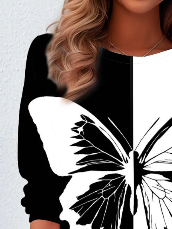 T-shirts Femmes Décontracté Printemps / Automne Papillon Ample Jersey Manches Longues Col Rond Régulier Droit