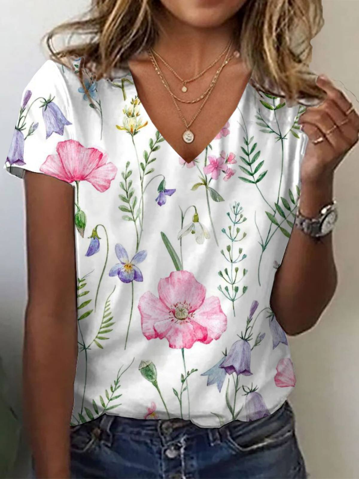 T-shirts Femmes Décontracté Floral Été Aucune élasticité Ample Manches Courtes Régulier Droit Régulier