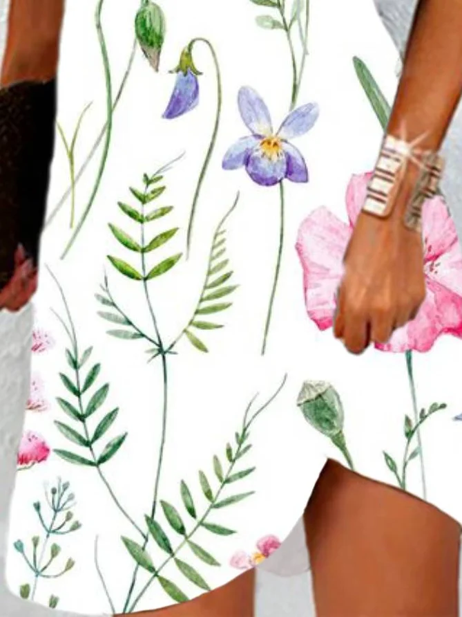 Femmes Floral Blanc Col Rond Confortable Mini Robe Décontracté