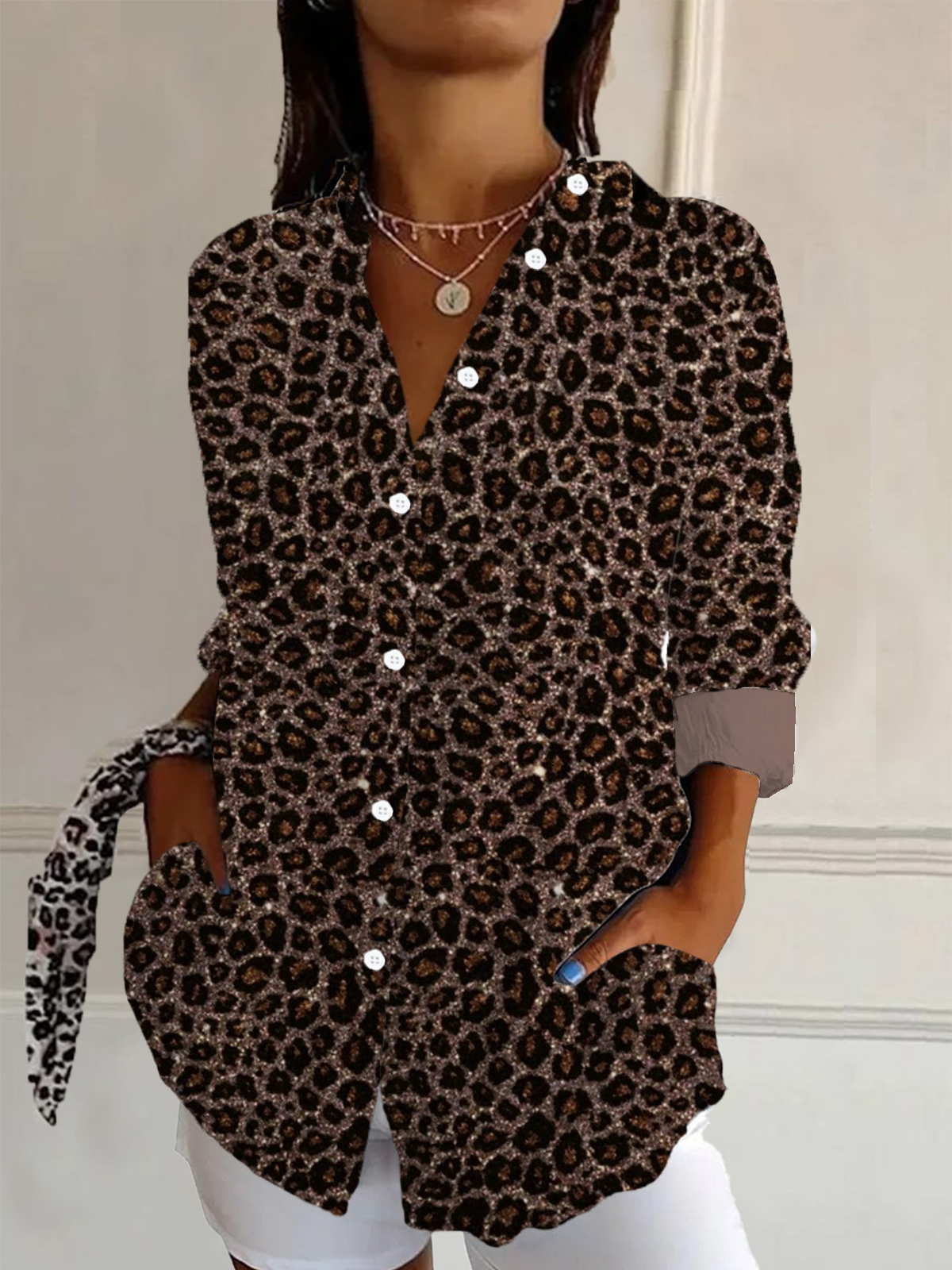 Chemises Décontracté Printemps / Automne Motif Léopard Quotidien Manches Longues Droit Régulier Col de Chemise T.-N.-L. pour Femmes