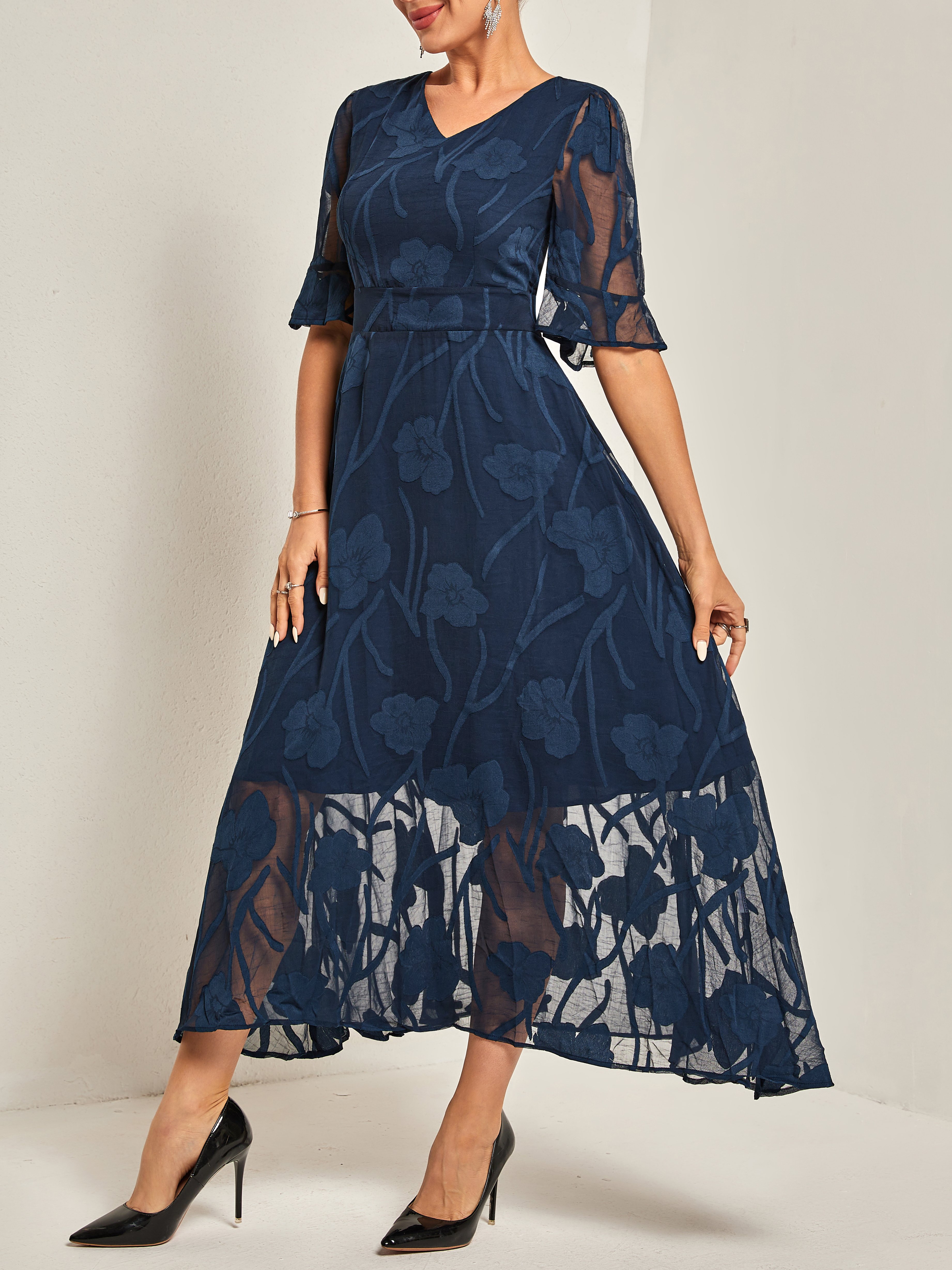 Femmes Plain Bleu Foncé Col V Confortable Robe Maxi Décontracté