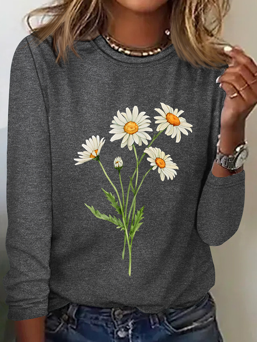 Chemisiers1 Décontracté Floral Printemps / Automne Quotidien Col Rond en Mélangé de Coton Droit Régulier Élasticité moyenne pour Femmes