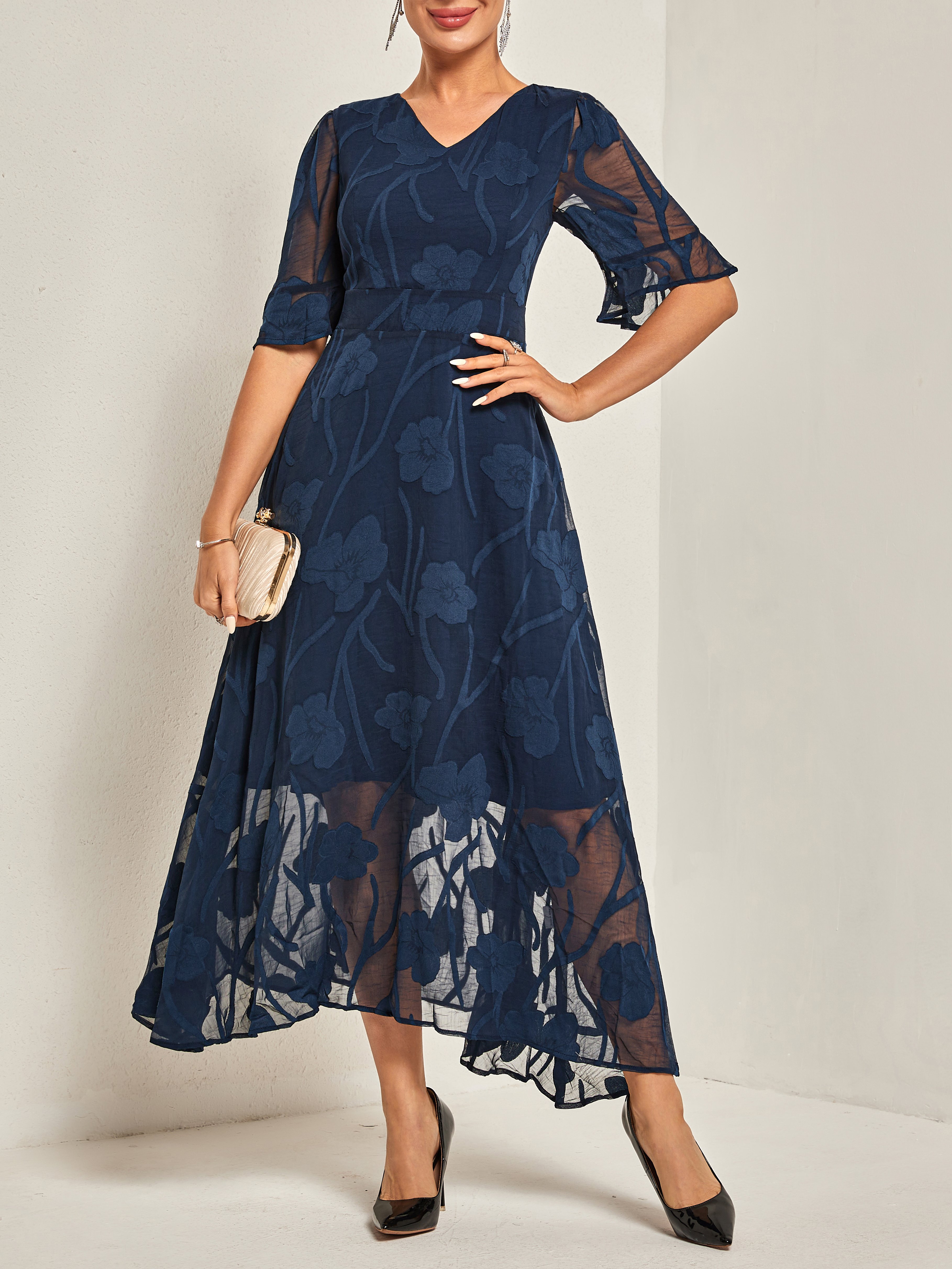Femmes Plain Bleu Foncé Col V Confortable Robe Maxi Décontracté