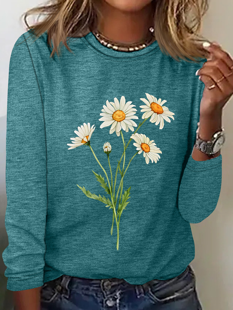 Chemisiers1 Décontracté Floral Printemps / Automne Quotidien Col Rond en Mélangé de Coton Droit Régulier Élasticité moyenne pour Femmes