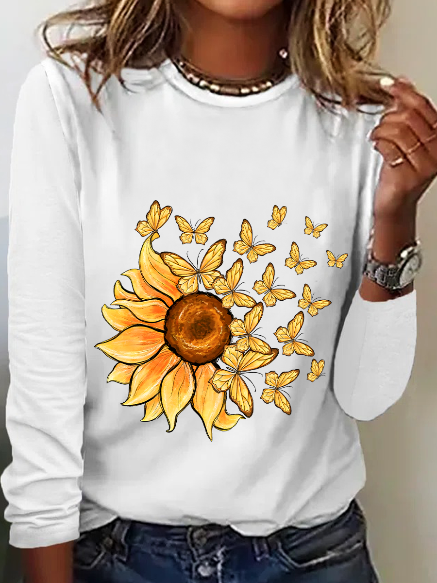 Chemisiers1 Femmes Décontracté Floral Printemps / Automne Ample Meilleure vente Manches Longues en Mélangé de Coton Régulier Droit