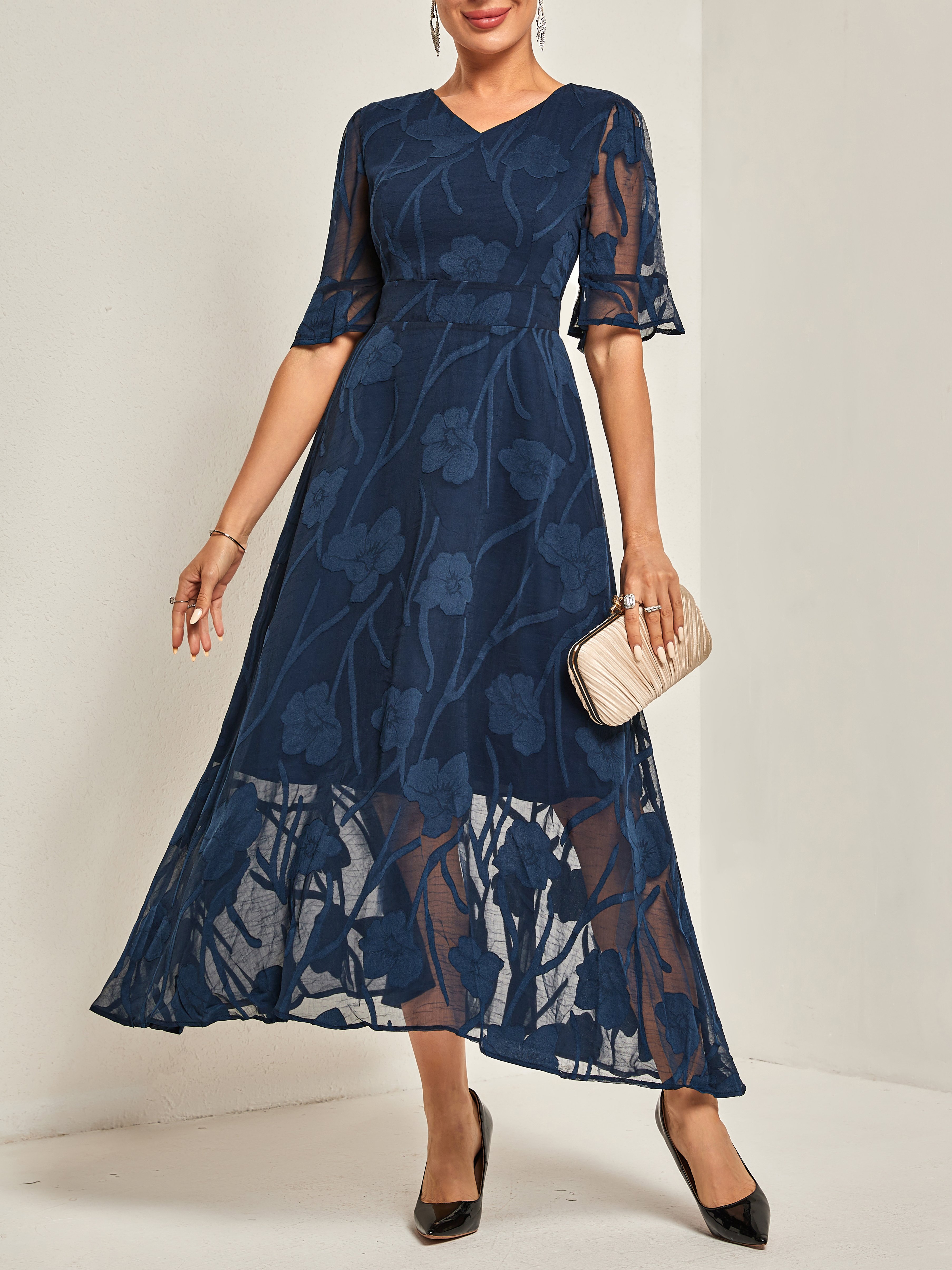 Femmes Plain Bleu Foncé Col V Confortable Robe Maxi Décontracté