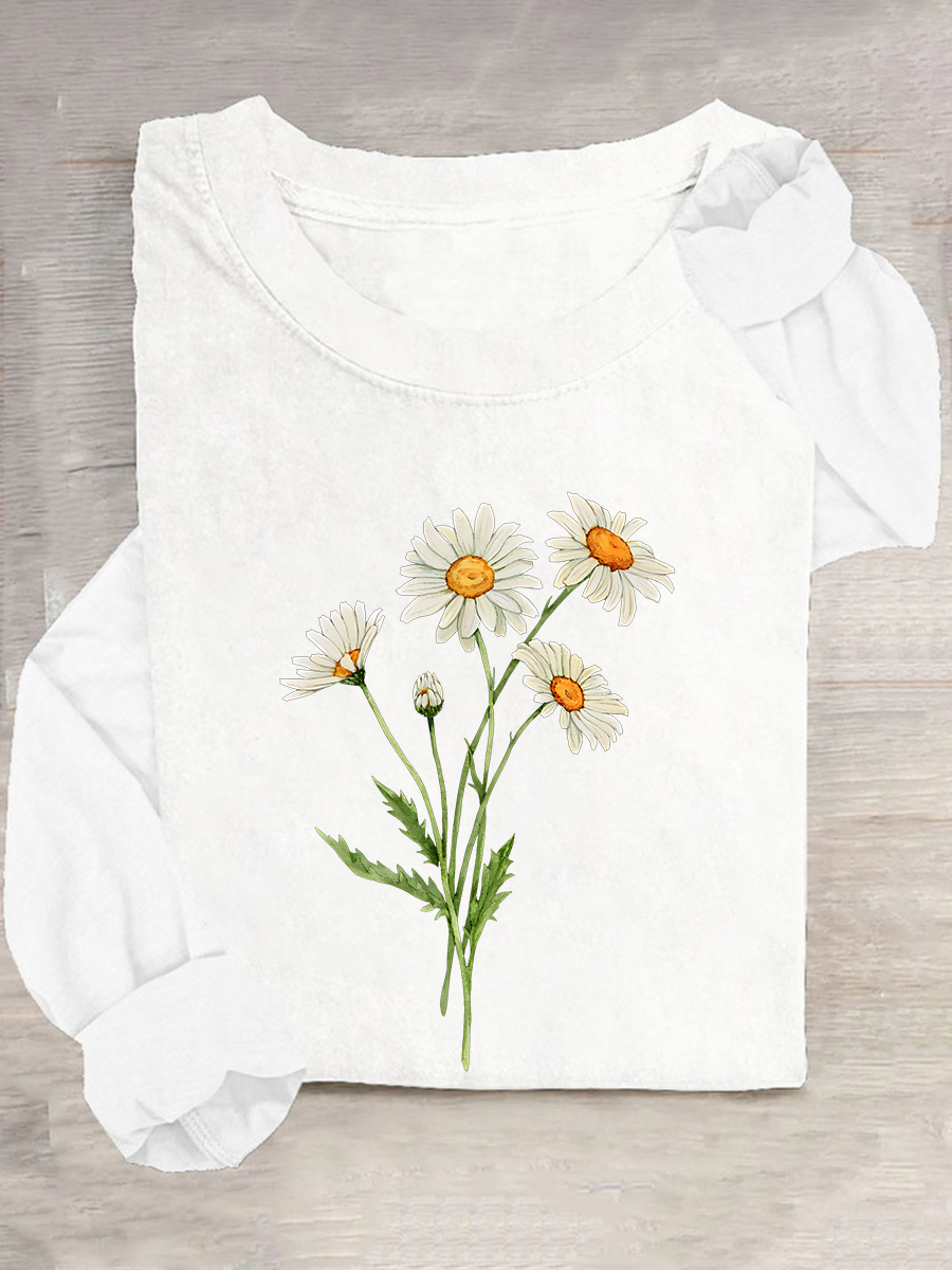 Chemisiers1 Décontracté Floral Printemps / Automne Quotidien Col Rond en Mélangé de Coton Droit Régulier Élasticité moyenne pour Femmes