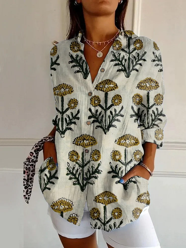 Chemises Femmes Décontracté Floral Printemps / Automne Polyester Manches Longues Droit Boucle Régulier Col de Chemise