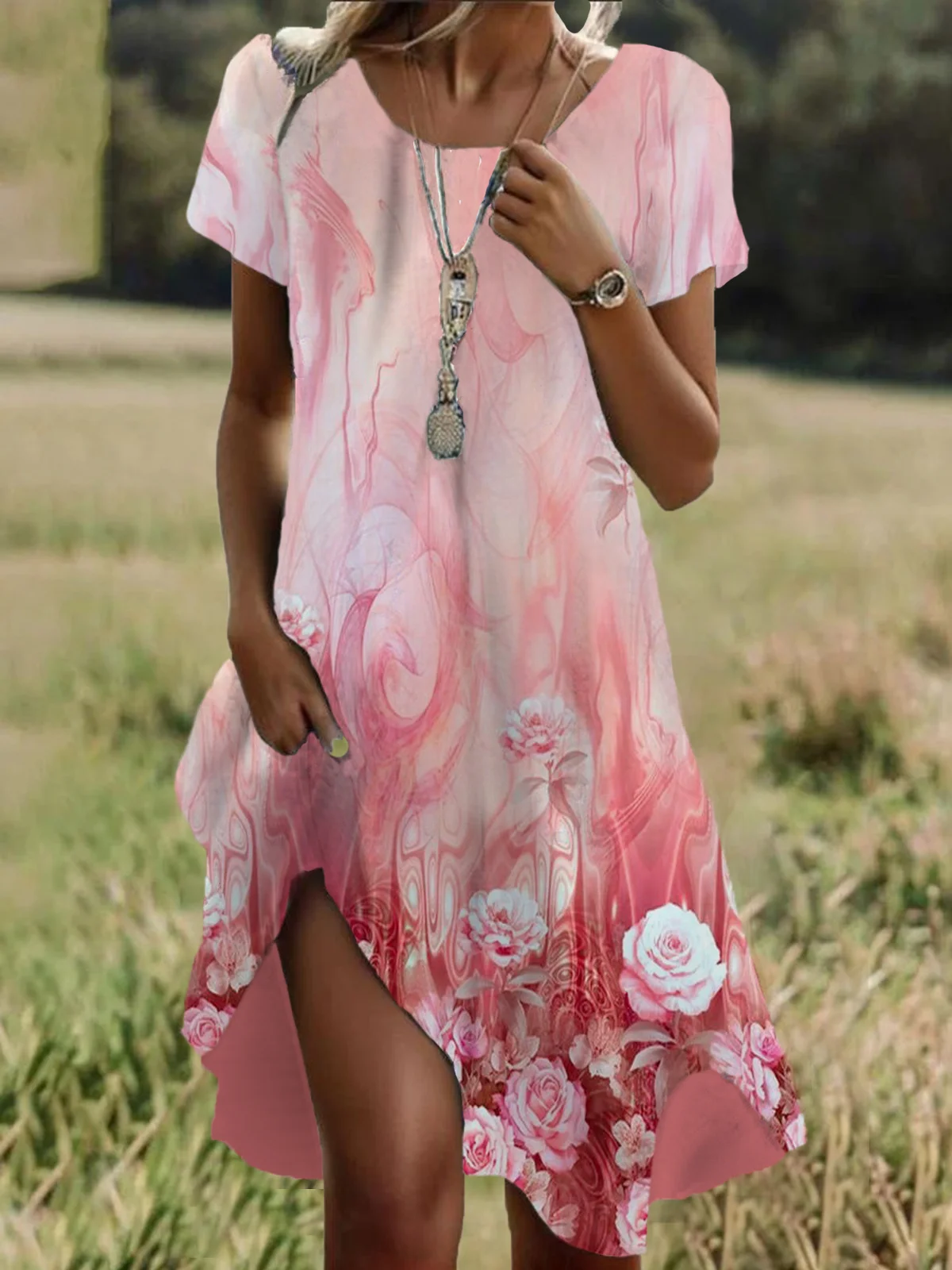 Femmes Floral Rose Col Rond Confortable Robe Mi-Longue Décontracté