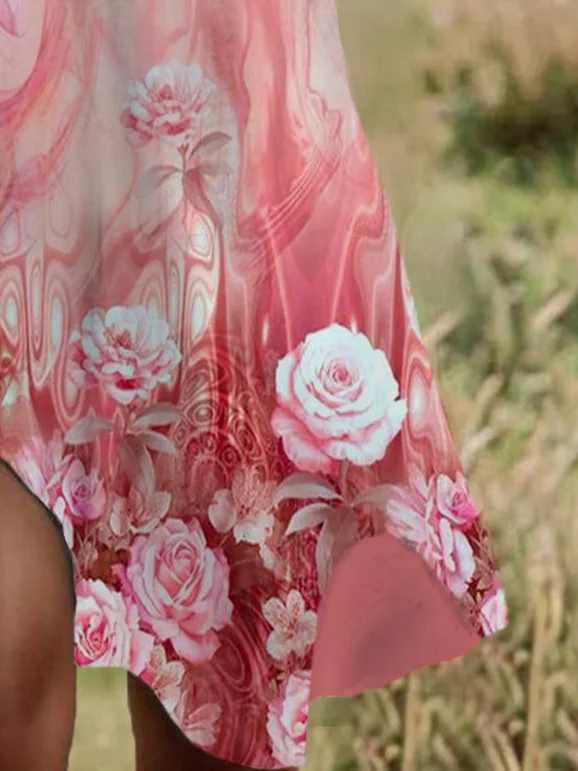 Femmes Floral Rose Col Rond Confortable Robe Mi-Longue Décontracté