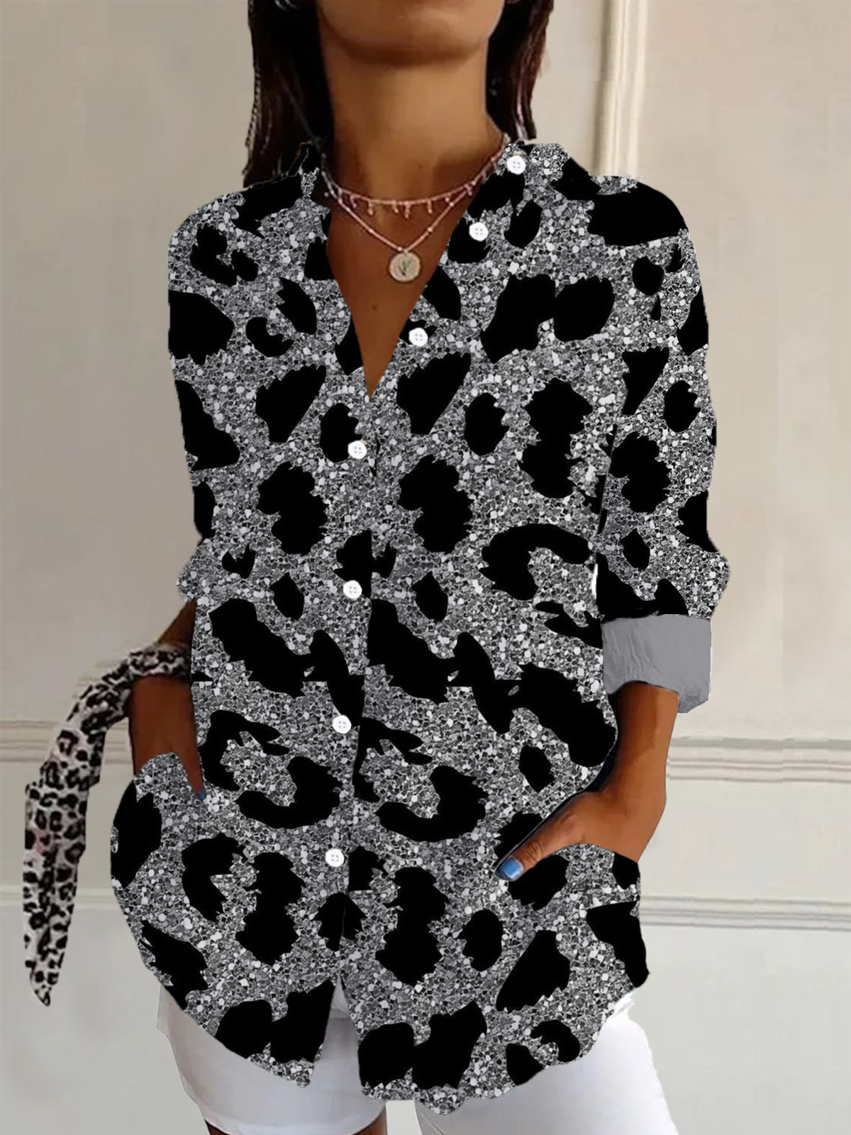 Chemises Femmes Décontracté Printemps / Automne Motif Léopard Aucune élasticité Manches Longues Droit Boucle Col de Chemise T.-N.-L.