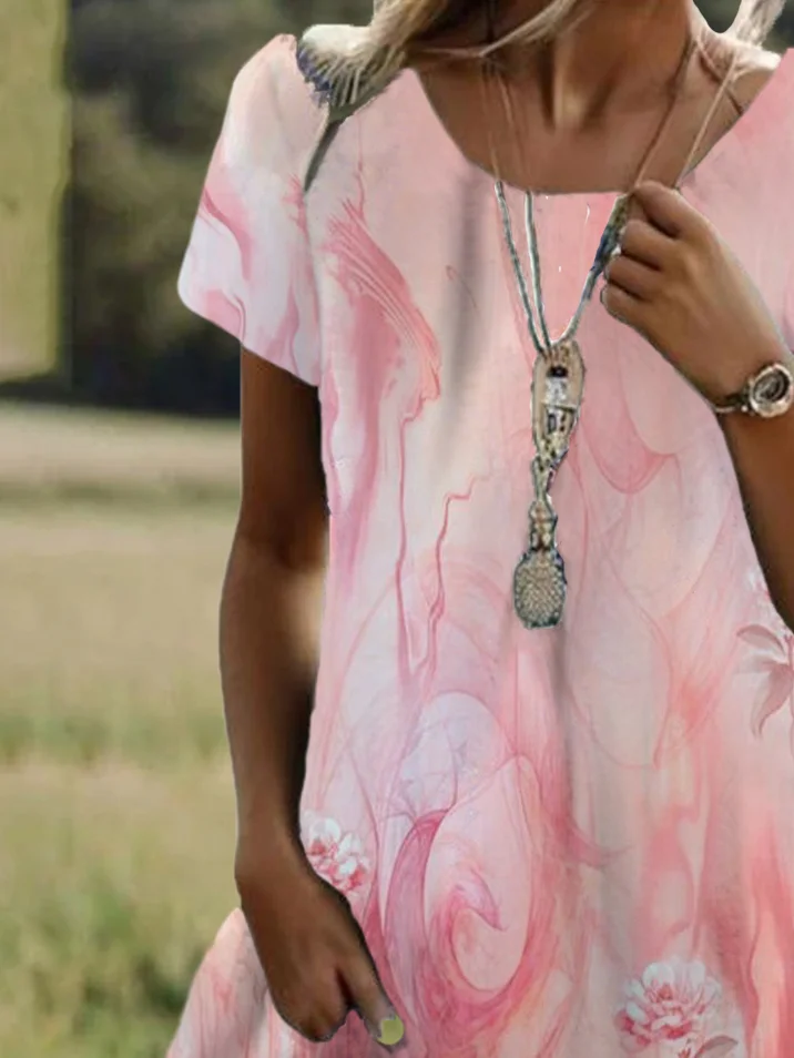 Femmes Floral Rose Col Rond Confortable Robe Mi-Longue Décontracté