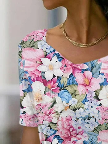 T-shirts Décontracté Floral Été Aucune élasticité Ample Jersey Manches Courtes Droit T.-N.-L. pour Femmes