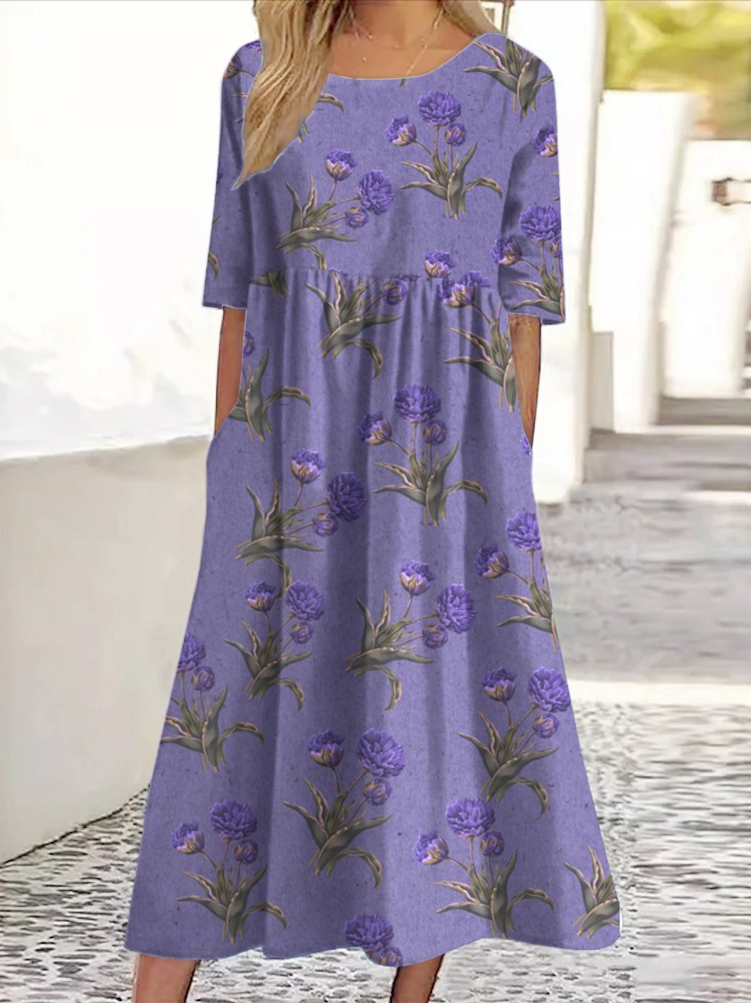 Femmes Floral Violet Clair Col Rond Confortable Robe Maxi Décontracté