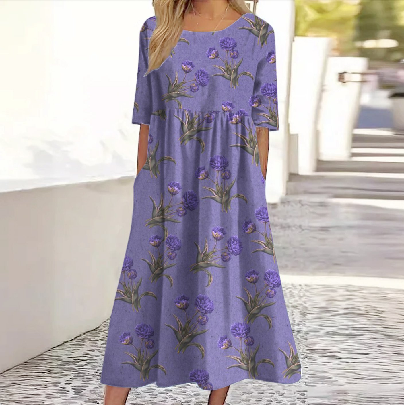 Femmes Floral Violet Clair Col Rond Confortable Robe Maxi Décontracté