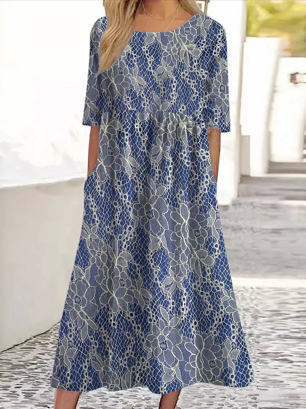 Femmes Floral Noir Col Rond Confortable Robe Maxi Décontracté