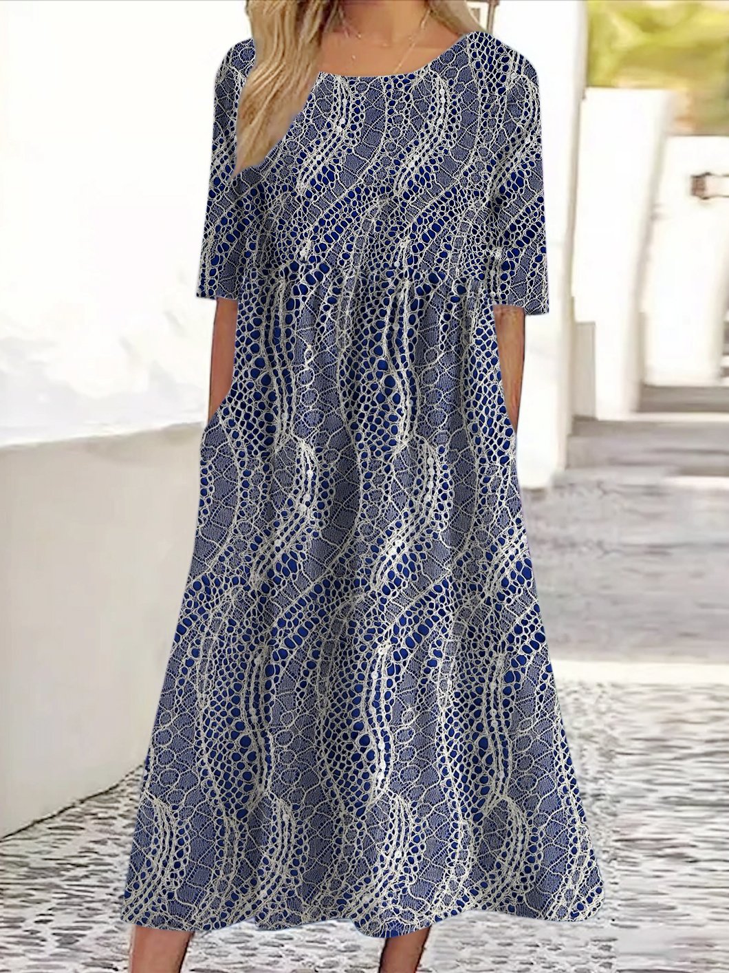 Femmes Floral Noir Col Rond Confortable Robe Maxi Décontracté