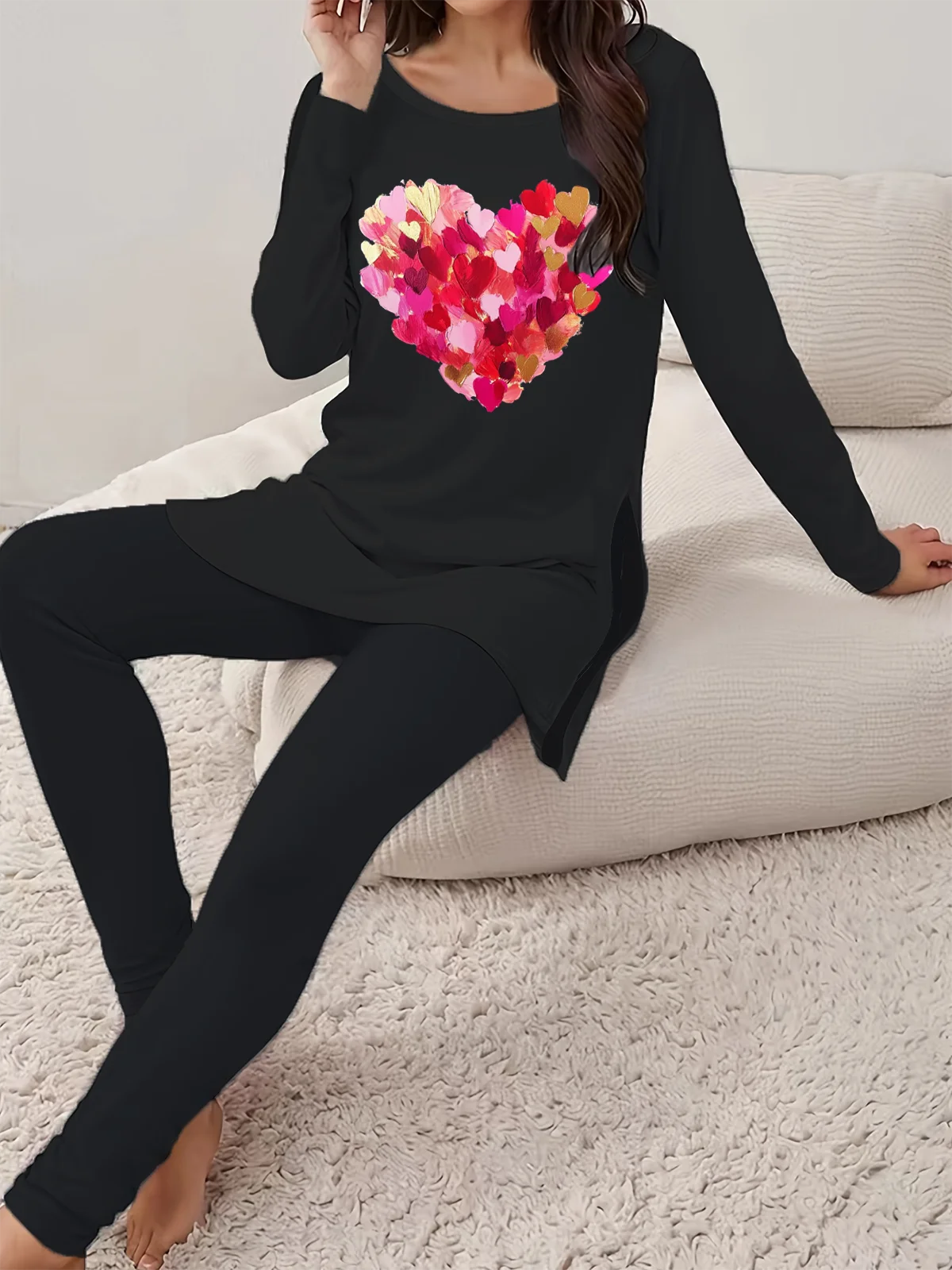 Deux Pièces Ensembles Femmes Décontracté Printemps / Automne Coeur/cordé Naturel Aucune élasticité Jersey Col Rond Top Avec Pantalons Régulier