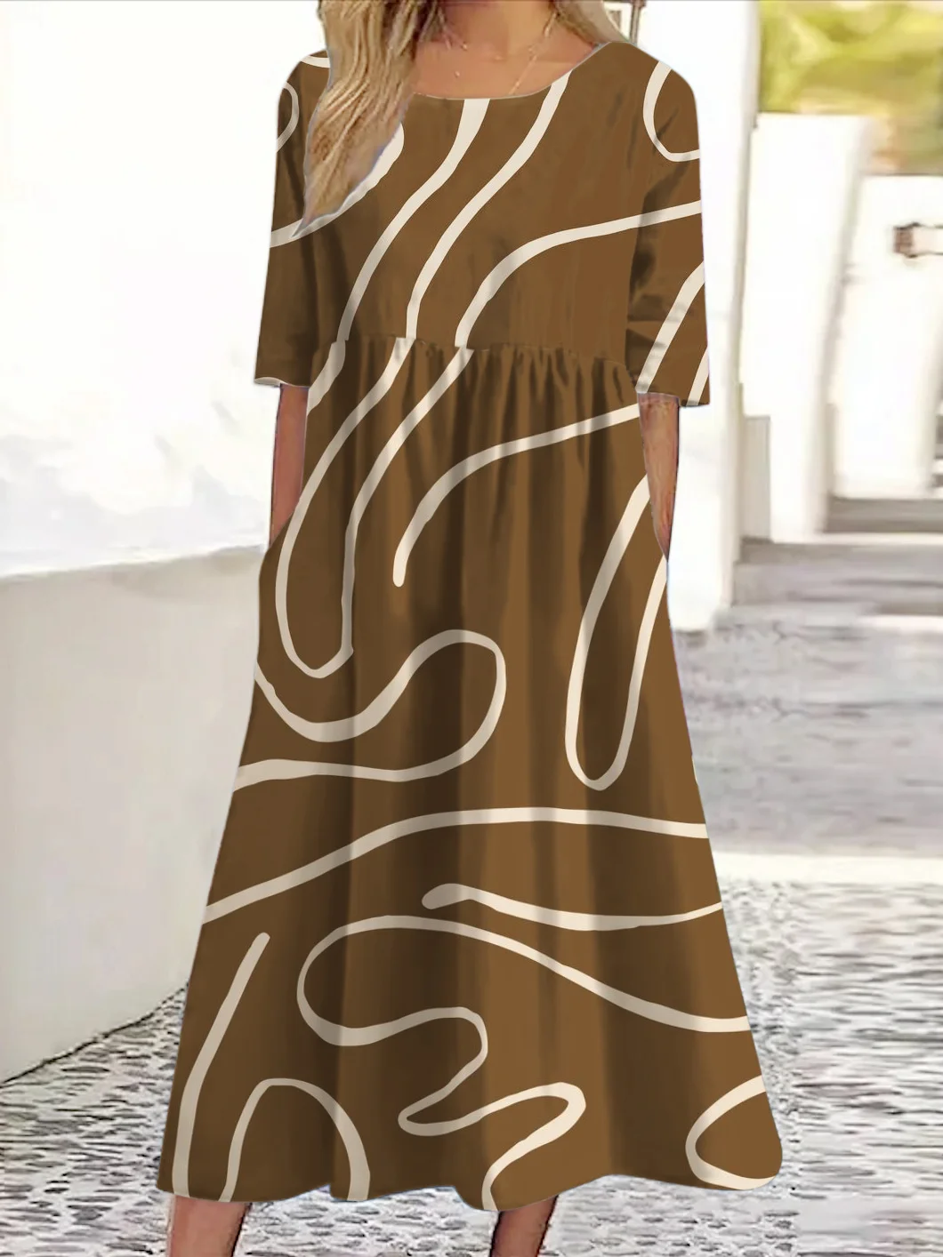 Femmes Floral Noir Col Rond Confortable Robe Maxi Décontracté