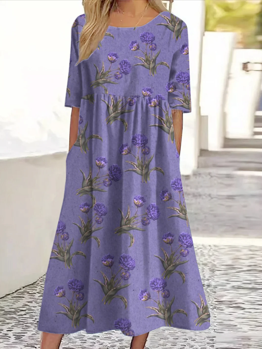 Femmes Floral Violet Clair Col Rond Confortable Robe Maxi Décontracté